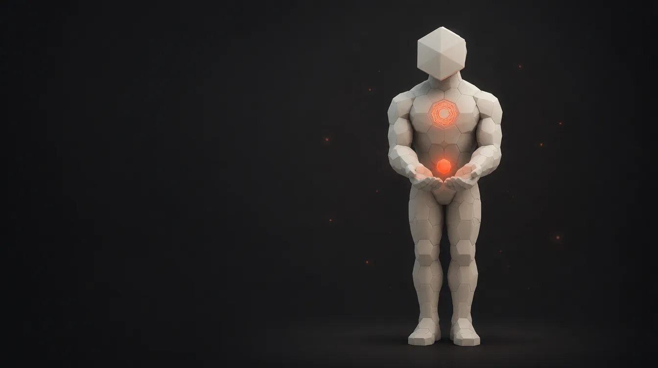 The GrayNest persona with arms open and palms up, a small glowing seed of red light resting between its hands