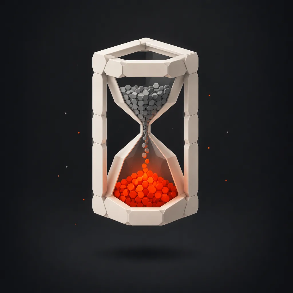 A hexagon-panelled hourglass whose lower chamber fills with glowing red-orange hex tiles