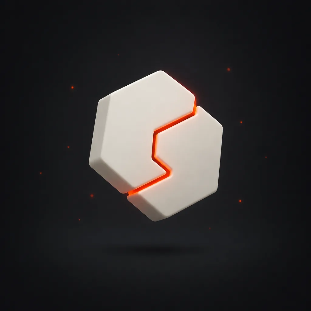 Two interlocking off-white hexagon forms fitted together, their seam glowing red-orange