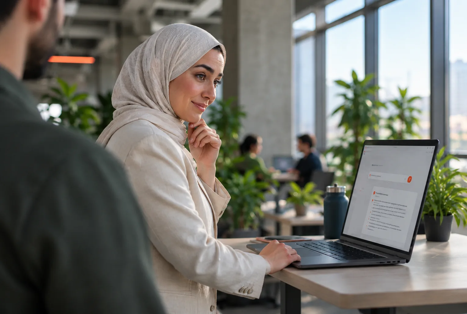 A product manager in a bright office typing a question into her company's app and getting an instant answer
