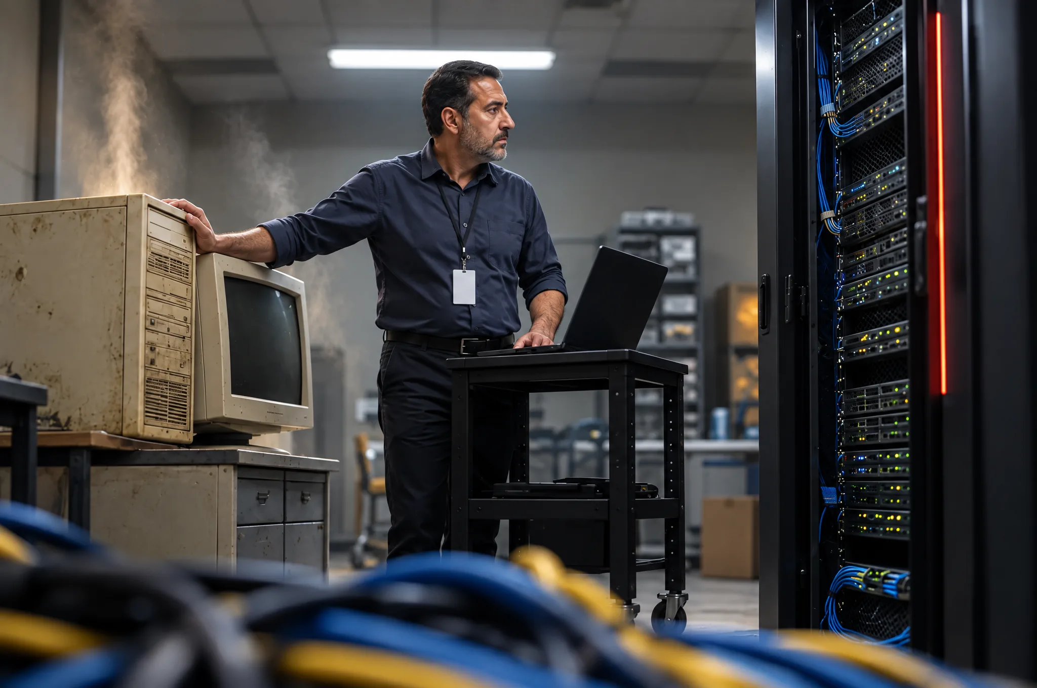An IT lead in a server room standing between an old beige server and a new rack, a laptop open on a cart