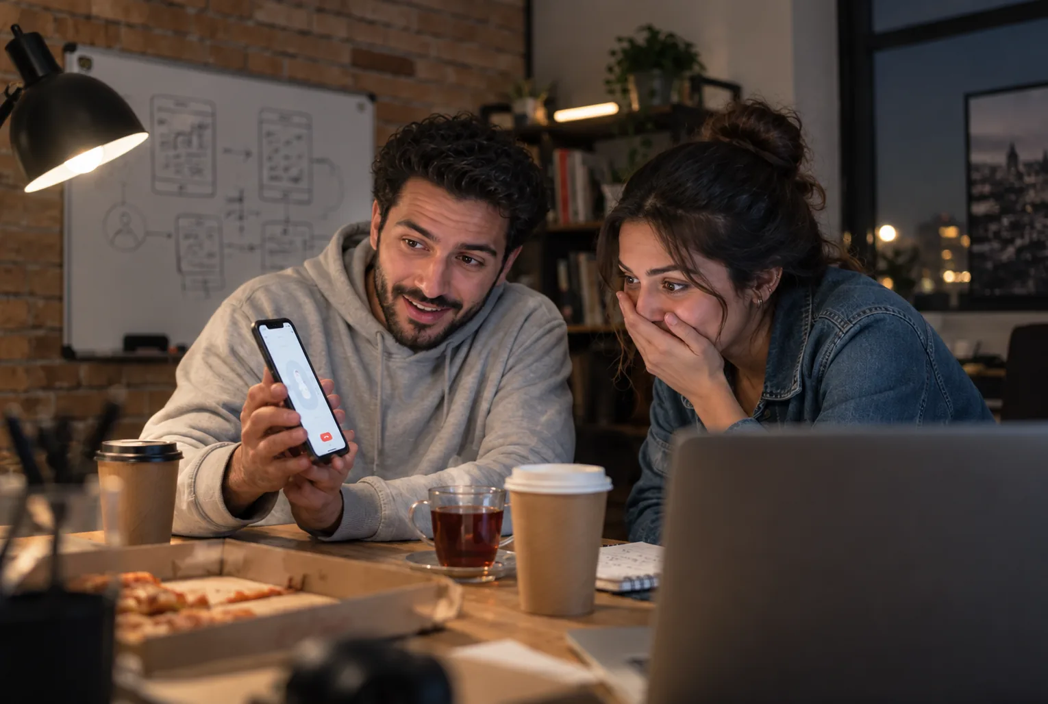 Two startup founders late at night, one showing a working app on a phone while the other reacts